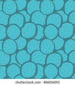 Pink dots on blue berries.Hand drawn with ink and colored with marker brush seamless background.Creative hand made brushed design.