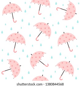 Pink dots umbrella and raindrops seamless pattern
