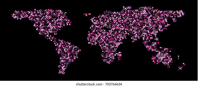 Pink dots world map. Abstract pixel World Map with square shapes for infographic.Travel Vector Illustration.