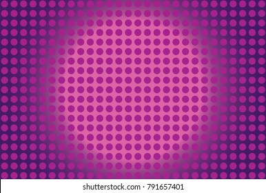 Pink dotted texture. Frequent halftone vector background. Pop art design overlay. Pink dots on violet and pink backdrop. Bright circle dotted wallpaper. Vivid radial dotted gradient. 