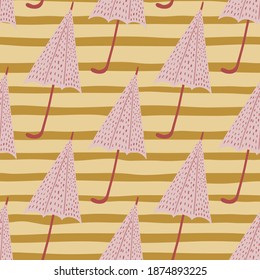 Pink dotted umbrella ornament seamless pattern. Orange and yellow pastel colored striped background. Decorative backdrop for fabric design, textile print, wrapping, cover. Vector illustration.