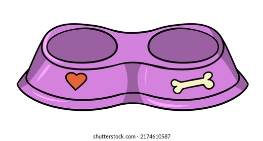 Pink double bowl for dogs, vector illustration in cartoon style on a white background