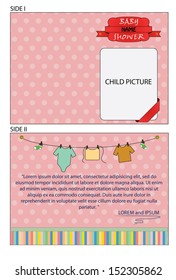 Pink double sided invitation vector for baby girl. Isolated colorful vector illustration with red label, ribbon and text. Easy to edit vector illustration. 