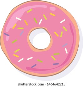 Pink doughnut vector illustration. Flat cartoonish ring-shaped donut with pink glazing and sugar sprinkles. Isolated on white.