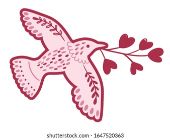 Pink Dove with valentine twig with hearts a white background. Vector illustration, design element for stickers, card, invitations weddings.