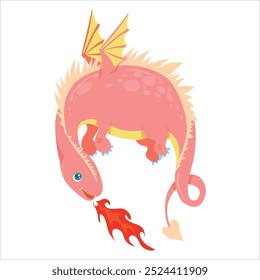 Pink dragon. Cute fairy tale animal. fantasy Character of children's books. Dinosaur. Vector illustration on a white background.