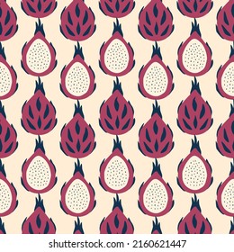 Pink dragon fruit hand drawn vector illustration. Abstract tropical asian pitaya in flat style. Seamless pattern for wallpaper or textile.