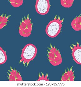 Pink dragon fruit on a blue background. Pitaya, pitahaya. Seamless pattern for background, fabric printing, wrapping paper, phone case, wallpaper. Vector illustration