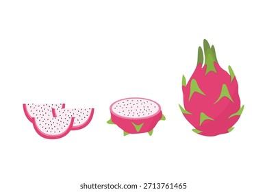 Conjunto de frutas de dragón rosa. Entero y cortado en rodajas. Conveniente para el arte del Clip, pegatinas, ilustración plana del diseño, etc 
