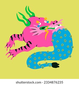 Dragón Rosa con patas rayadas. Carácter abstracto puro. Monstruo o bestia. Dibujo de moda. Ilustración de vectores dibujada a mano. Criatura cómica divertida. Idea de tatuaje, afiche, impresión, plantilla de diseño