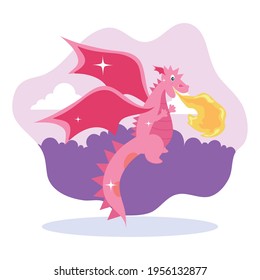 pink dragon throwing fire illustration