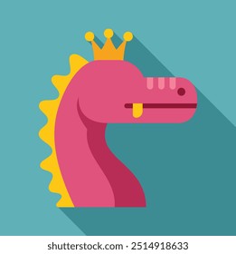 Pink dragon wearing a crown in flat design style with long shadow on turquoise background