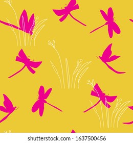 Pink Dragonflies in Yellow Background Pattern