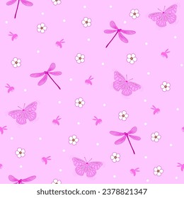 pink dragonfly and butterfly floral print. botanical flower with polka dots seamless pattern. good for fabric, fashion design, wallpaper, girly clothing, summer dress, textile, pajama, background.