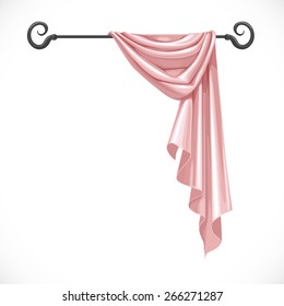 Pink drapery hanging on forged cornice isolated on a white background