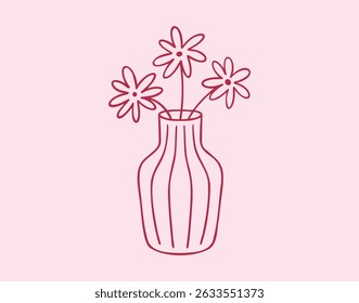 pink drawing cute vase with flowers line art. Hand drawn doodle outline bouquet simple floral decoration. Vector illustration
