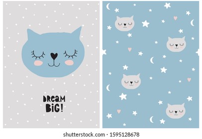 Pink Dreaming Cat on a Light Gray Dotted Background.Simple Nursery Art for Boys.Vector Art with Cute Baby Boy Cat and Seamless Patterns. Dream Big. Print with Hearts,Cats and Stars Isolated on a Blue.