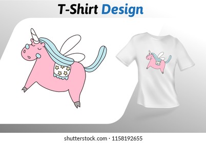 Pink dreamy unicorn t-shirt print. Colorful mock up t-shirt design template. Vector template, isolated on white background.