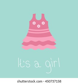 Pink dress with daisy chamomile flowers. Baby shower greeting card. Its a girl. Flat design style. Blue background. Vector illustration