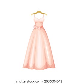 Pink Dress with Long Skirt and Bow Belt on Waist on Hanger as Neat and Clean Clothing Vector Illustration