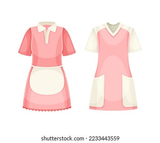 Pink Dress with Pocket and Apron as Uniform and Workwear Clothes Vector Set