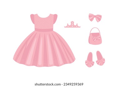 Pink dress, shoes, bow, bag, crown, girl's accessories. Vector flat illustration isolated