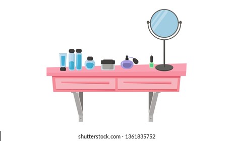 Pink dressing table legs with cosmetics for women. Vector flat illustration.