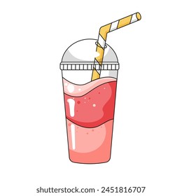 Bebida rosa, té de burbujas, agua con gas. Sabrosa bebida gaseosa, cóctel en una taza de plástico con paja amarilla. Ilustración vectorial aislada sobre fondo blanco