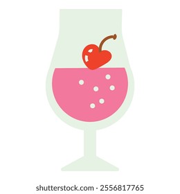 a pink drink in a glass with bubbles and topped with a red cherry garnish, representing a fun and refreshing summer cocktail.