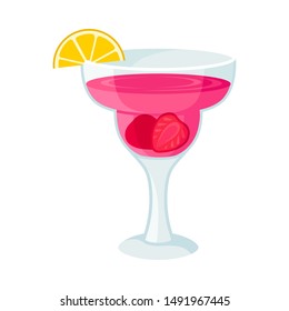 Pink drink in a glass on a high leg. Vector illustration on a white background.