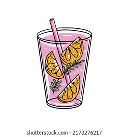 Pink drink with lemon slice. Hand drawn colorful cartoon style vector illustration. Sketch doodle art.