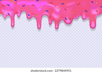 Pink dripping frosting with colorful sprinkles. Doughnut glaze. Sweet cream. Seamless pattern. 3d realistic vector