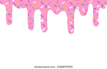 Pink dripping frosting with colorful sprinkles isolated on white background. Donut pink icing with sprinkles.