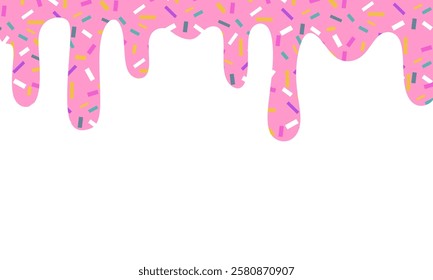 Pink dripping frosting with colorful sprinkles isolated on white background. Donut pink icing with sprinkles.