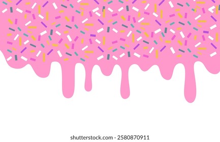 Pink dripping frosting with colorful sprinkles isolated on white background. Donut pink icing with sprinkles.