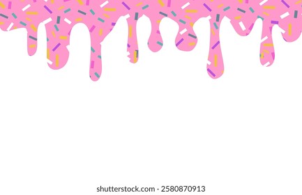 Pink dripping frosting with colorful sprinkles isolated on white background. Donut pink icing with sprinkles.