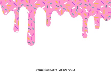 Pink dripping frosting with colorful sprinkles isolated on white background. Donut pink icing with sprinkles.