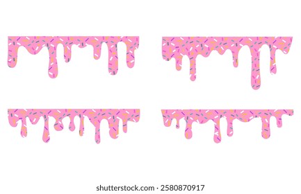 Pink dripping frosting with colorful sprinkles isolated on white background. Donut pink icing with sprinkles.