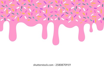 Pink dripping frosting with colorful sprinkles isolated on white background. Donut pink icing with sprinkles.