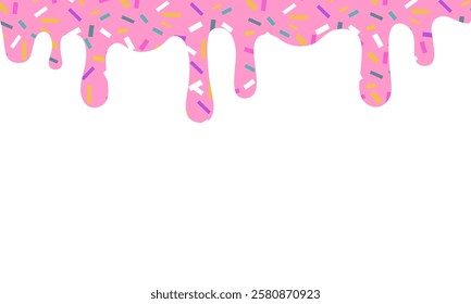 Pink dripping frosting with colorful sprinkles isolated on white background. Donut pink icing with sprinkles.