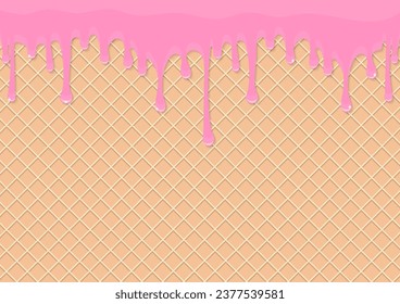 Pink dripping liquid with ice cream cone pattern. Design for food and bakery background.