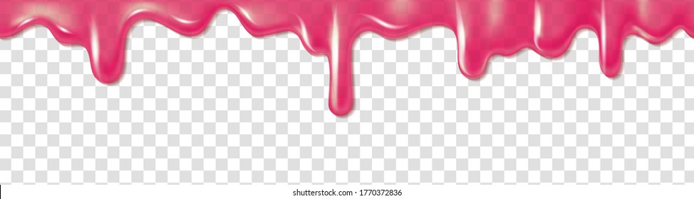 Pink Dripping Slime. Flowing Glossy Sweet Liquid Caramel, Realistic Paint Drip, Splash Of Nail Polish Or Tasty Dessert Glaze, Colorful Border, Vector Template Isolated On Transparent Background