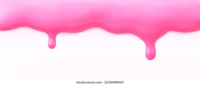 Pink dripping yogurt or cake icing, melting ice cream border isolated on white background. Render of realistic liquid texture strawberry or raspberry topping, glaze, slime, nail polish. 3D vector