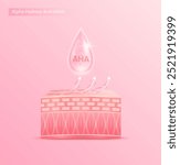 Pink drop serum on the skin layer. AHA Alpha Hydroxy Acid solution the small size of molecules it exfoliates the skin surface and dead cells. For cosmetics ads. Medical beauty science. Vector EPS10.