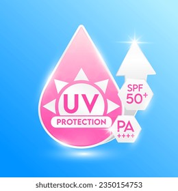 Rosa Tropfserum und SPF 50, PA++ Pfeile UV-Schutz UV-UV-Schutz UV-UV-Strahlen Ihrer Haut. Produkte entwerfen Creme Hautpflege. Sonnenschutzkonzept. Symbol 3D, Vektorgrafik.