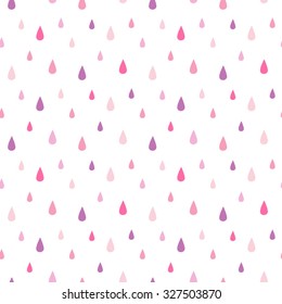 Pink drops seamless vector pattern. Shades of pink and lilac falling rain drops. Rainy background.