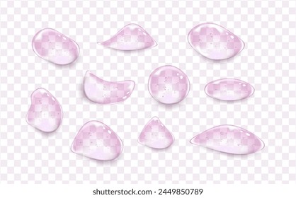 Gotas rosadas de aceite transparente y textura de gel. Muestras de suero cosmético con burbujas. Conjunto de gotas cosméticas líquidas, incluyendo glicerina y champú.