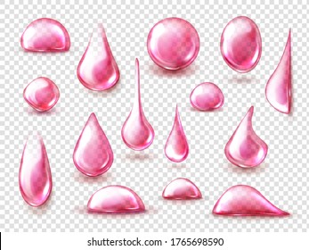 Pink drops of water, wine or juice isolated on transparent background. Vector realistic mockup of liquid drips of strawberry or cherry juice, fruit drink, clear bubbles