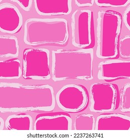 Pink Dry Brush Circles and Square Vector Seamless Pattern.