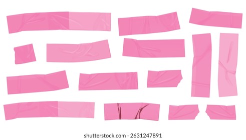 Pink duct tape for photo collage. Bright scotch tape for the frame. Collage frame, barcode, paper clip and stickers and torn paper, Duct tape strip, masking tape isolated on transparent and white.